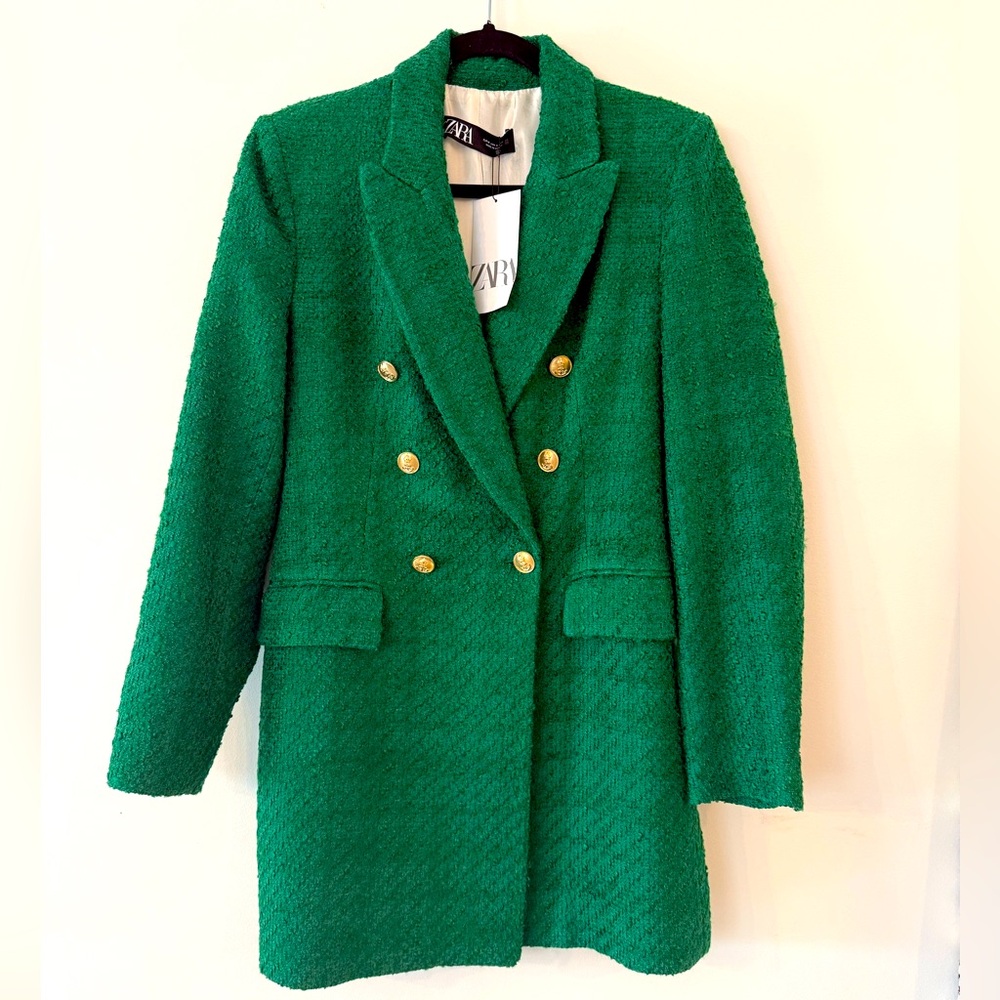 ZARA Bouclé Tweed Blazer M Green Gold Buttons NWT $129 - Picture 1 of 5
